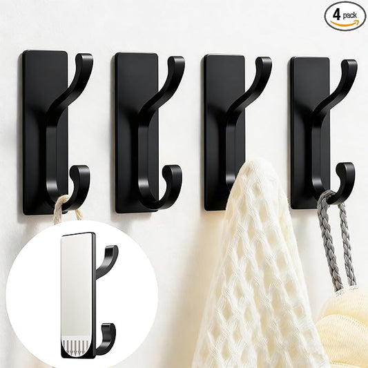 pickpiff Wall Hooks with Adhesive Strip - Easy to Remove, No Residue, Strong Heavy Duty Sticky Towel Hook, 4 Pack Black