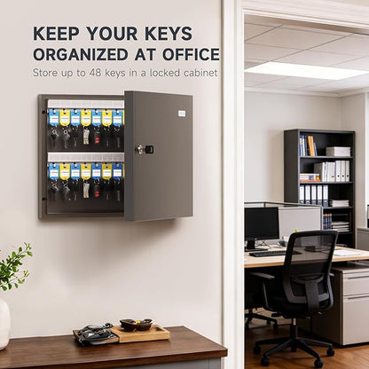 48 Key Lock Box – Wall Mounted Key Cabinet with Magnetic Door & Key Tags, Steel Lockable Key Organizer for School, Office, Hotel, Property Management