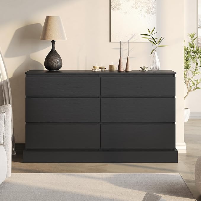 DICTAC 6 Drawers Dresser for Bedroom, Black Modern Chest of Drawers, Storage Tower Clothes Organizer Closet, Long Double Dresser with No Handle Drawers, Dimensions 51.6''L x 15.7''D x 29.3''H