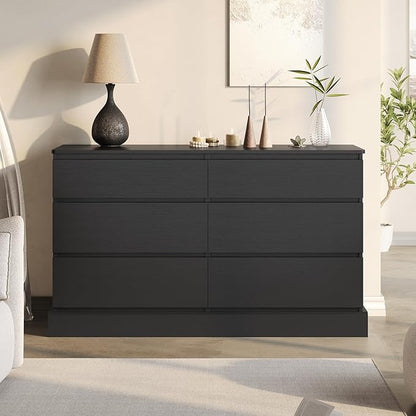DICTAC 6 Drawers Dresser for Bedroom, Black Modern Chest of Drawers, Storage Tower Clothes Organizer Closet, Long Double Dresser with No Handle Drawers, Dimensions 51.6''L x 15.7''D x 29.3''H