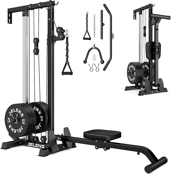 RC01 Foldable LAT Pulldown Machine with Adjustable seat, Wall Mount Cable Station with 16 Adjustable Positions, Cable Machine Home Gym 2 in 1, Functional Trainer with Rowing and LAT Pulldown