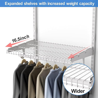 4-8FT Closet Shelving System, Adjustable Metal Wire Shelves, Wall-mounted Closets Kit with Expandable Hanging Rod, DIY Organization Rack for Walk-in/Built-in Wardrobe of Bedroom, Laundry