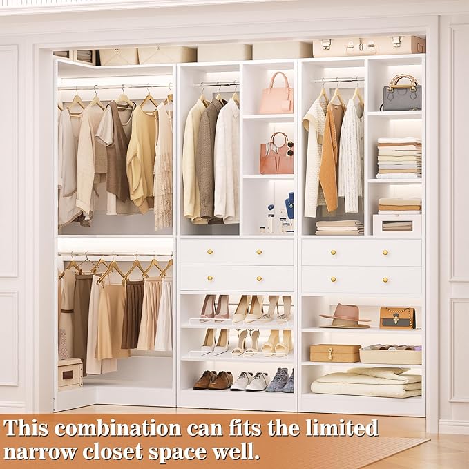 Closet System with 4 Drawers and Hanging Rods, 59.5"L / 87"L Closet Organizer System with Corner Tower, L Shaped Walk-in Closet System, Corner Closet System with Shelves, Set of 3, White