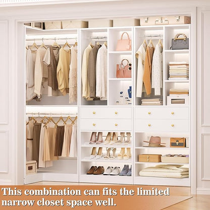 Closet System with 4 Drawers and Hanging Rods, 59.5"L / 87"L Closet Organizer System with Corner Tower, L Shaped Walk-in Closet System, Corner Closet System with Shelves, Set of 3, White