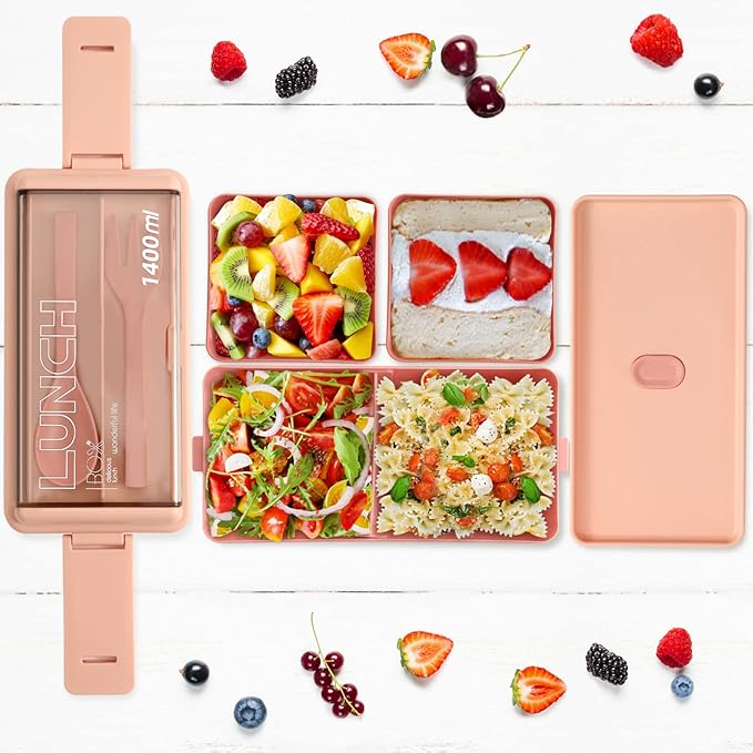 2 Pack Bento Box Adult Lunch Box,49OZ Leakproof Eco-Friendly Stackable Bento Lunch Box Meal Prep for Dining Out, Work, Picnic, School (green+pink)