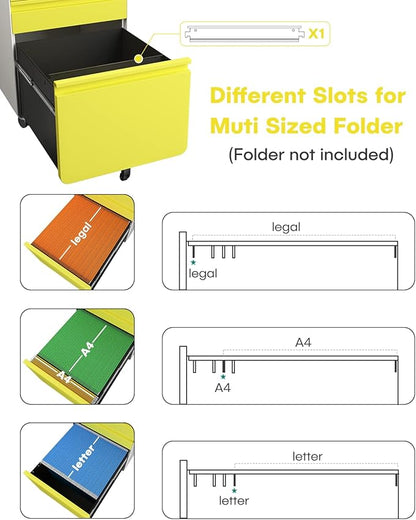 Dripex 3 Drawer File Cabinet, Metal Filing Cabinets with Lock Wheels & Hanging Rail for A4/Legal/Letter File, Anti-tilt Under Desk Design, Lockable Rolling Mobile File Cabinet for Home Office (Yellow)