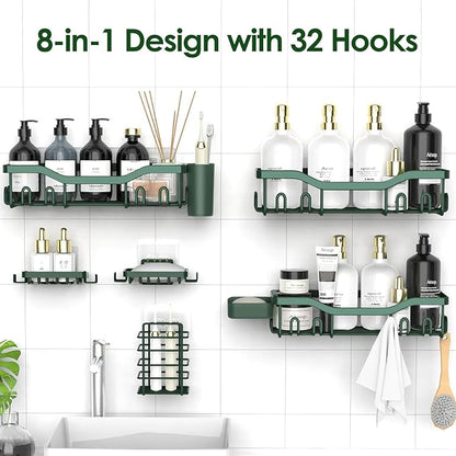 Shower Caddy Adhesive Shower Organizer 8-Pack, Rustproof Stainless Steel Bathroom Shelves, Large Capacity No-Drill Rack Storage Accessories with Soap Dish Toothbrush Holder Hooks