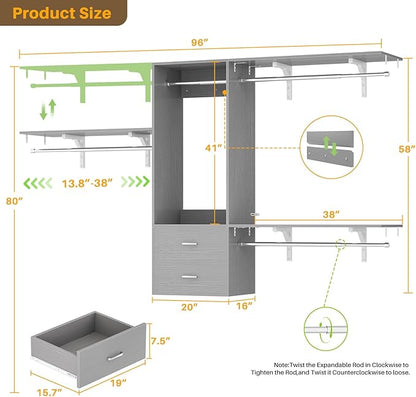 Wood Closet System, 4-8ft Closet Organizer System with 2 Wooden Drawers, Walk-in Wardrobe Clothes Rack with 4 Hanging Rods for Bedroom,Living Room,Grey