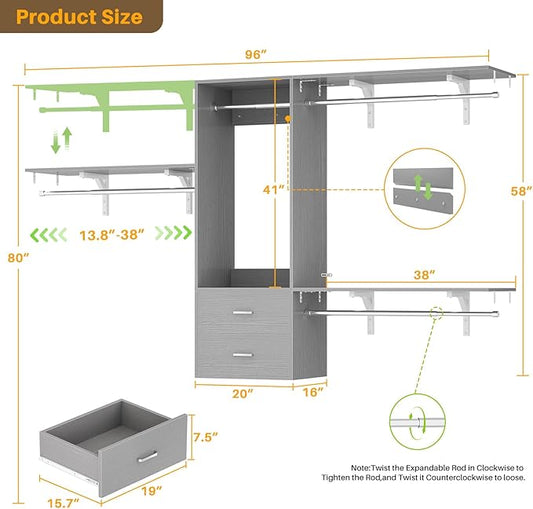 Wood Closet System, 4-8ft Closet Organizer System with 2 Wooden Drawers, Walk-in Wardrobe Clothes Rack with 4 Hanging Rods for Bedroom,Living Room,Grey
