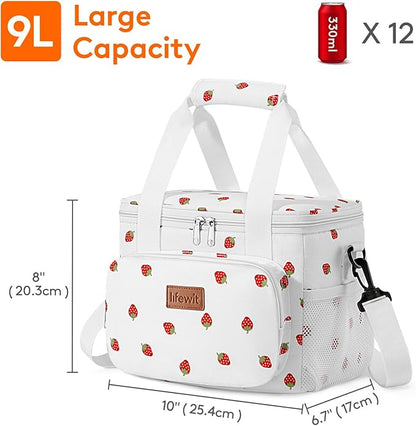 Lifewit Medium Lunch Bag Insulated Lunch Box Soft Cooler Cooling Tote for Adult Men Women, Strawberry 12-Can (9L)