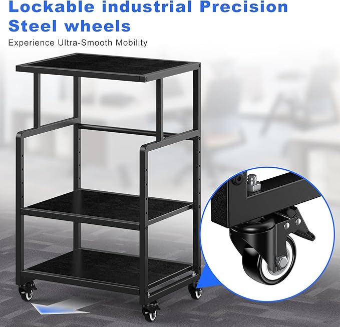 Printer Stand, 3 Tier Mobile Printer Table for Home Office, 21.3 x 15.7 Inch Rolling Height Adjustable Storage Shelf, Printer Cart with Wheels for Heat Press Scanner Fax, Black