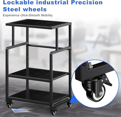 Printer Stand, 3 Tier Mobile Printer Table for Home Office, 21.3 x 15.7 Inch Rolling Height Adjustable Storage Shelf, Printer Cart with Wheels for Heat Press Scanner Fax, Black