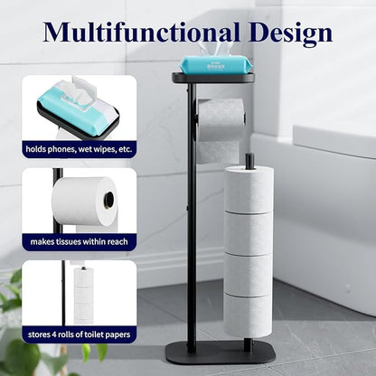 Kitsure Toilet Paper Holder Free Standing – Rustproof Metal Toilet Paper Stand for 4 Rolls with Anti-Slip Base and Shelf for Phone & Small Items, Bathroom Organizers and Storage, Large, Black