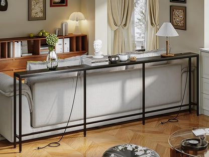 102.4" Behind Couch Table with 2 Fast Charging Stations, 7.1" Narrow Skinny Sofa Table with 4 Power Outlets, 4 USB-A, 2 USB-C for Console Entryway, Black