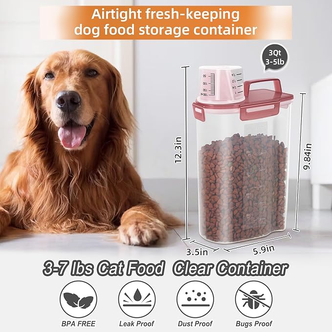 Airtight Small Cat Dog Pet Food Storage Containers BPA Free, with Large Pour Spout/1 Measuring Cup/ 4 Safety Locks and Double-layer Silicone Strip (Clear Pink, 3L-1pack)