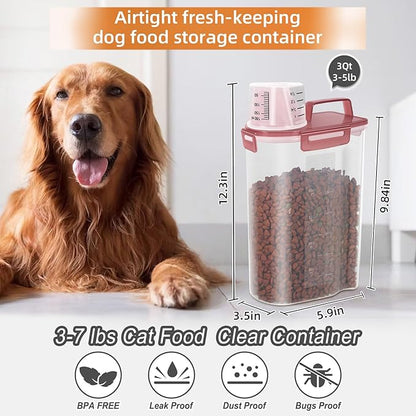 Airtight Small Cat Dog Pet Food Storage Containers BPA Free, with Large Pour Spout/1 Measuring Cup/ 4 Safety Locks and Double-layer Silicone Strip (Clear Pink, 3L-1pack)