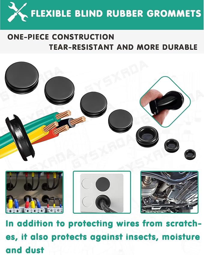 Rubber Grommet Kit 200 Pack - 7 Sizes Firewall Rubber Hole Plugs - Automotive, Home Improvement Cord Pipe Wire Organization