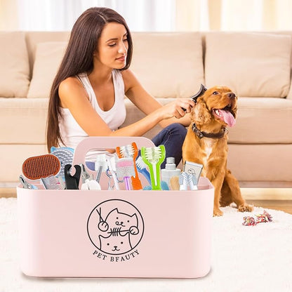 5-Compartment Pink Dog Stuff Storage Caddy for Grooming Supplies, Portable Organizer with Handle