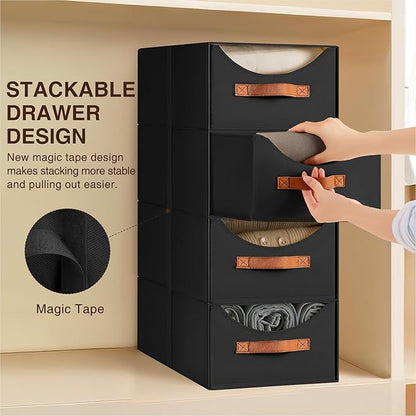 Closet Organizers and Storage - Large Stackable Storage Bins with Drawer, Fabric Bins for Organization, Collapsible Storage Drawers Organizer for Bedroom, Living Room, 4 Pack, Black