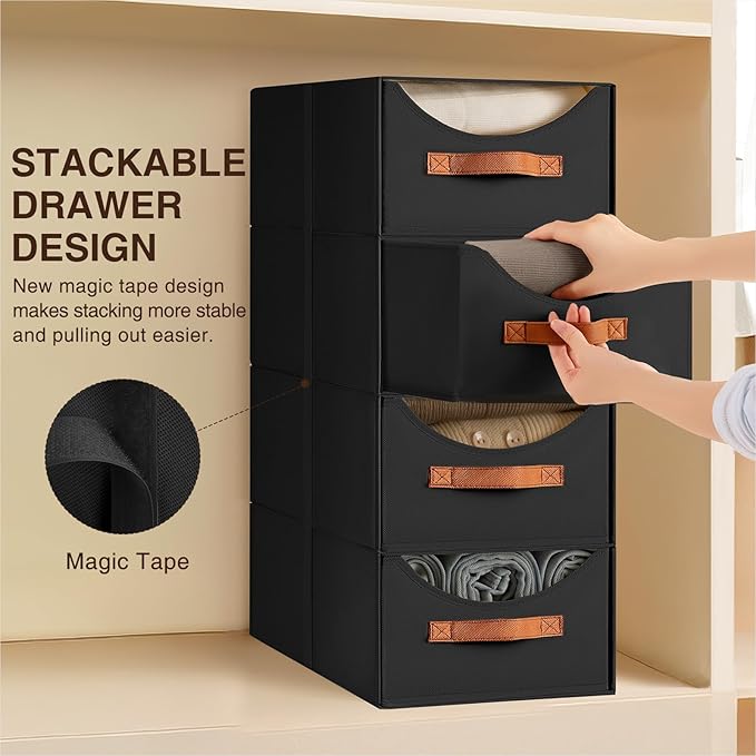 Stackable Storage Drawers - Large Collapsible Storage Bins with Drawers, 6 Pack Closet Shelf Organizer Basket, Fabric Pull Out Organizer for Bedroom, Living Room, Dorm, Black