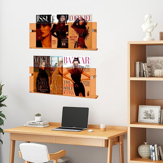 2-Pack Acrylic Magazine Holder, 24" Record Holder Magazine Rack, Fashion Hanging Bookshelf Literature Storage Rack for Waiting Room, Living Room, Office (Orange, 24 Inch)