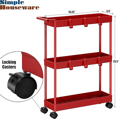 Simple Houseware 3-Tier Slim/Narrow Storage Cart with Handle, 5.5'' Wide x 26.5'' Height Rolling Organizer for Kitchen, Bathroom, Laundry Room - Red