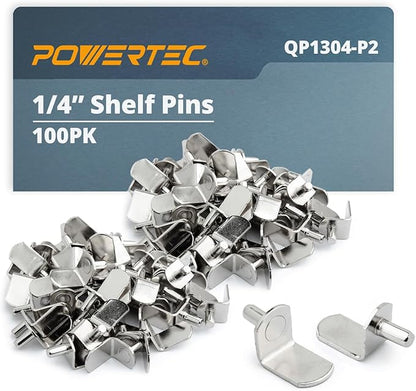 POWERTEC QP1304-P2 1/4 Inch Shelf Pegs 100 pcs, L-Shaped Bracket Shelf Pins Support Pegs for Shelves, Kitchen Cabinet Shelf, Bookshelf, Closet and Furniture, Nickel Plated Shelf Holders Pegs