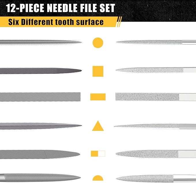 12PCS Needle File Set with Tool Bag, Small File Set Includes 6pcs Jewlers Files & 6 Steel Files for Metal, Jewlers, Wood, Leather and Plastic