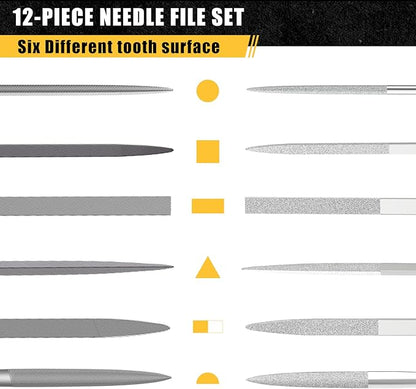 12PCS Needle File Set with Tool Bag, Small File Set Includes 6pcs Jewlers Files & 6 Steel Files for Metal, Jewlers, Wood, Leather and Plastic