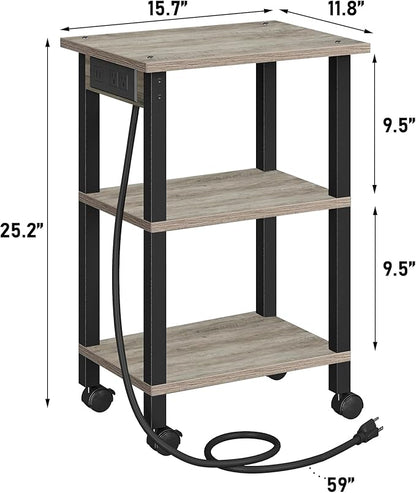 TUTOTAK 3 Tier Printer Stand, Rolling Printer Cart with Power Outlets and USB Ports, Mobile Printer Table with Wheels, for Under Desk, Office, Home, Greige PS02BG001