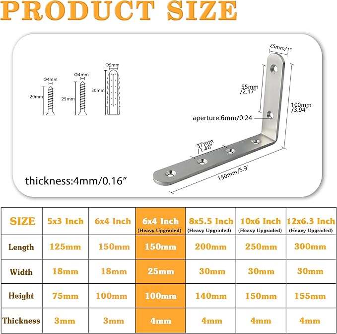 Alise 4mm Thick Shelf Brackets,Floating Shelves Bracket Heavy Duty L Brackets Corner Brace for Walls Wood Board,6X4 Inch Stainless Steel Brackets for Shelves,Brushed Nickel 4 Pcs