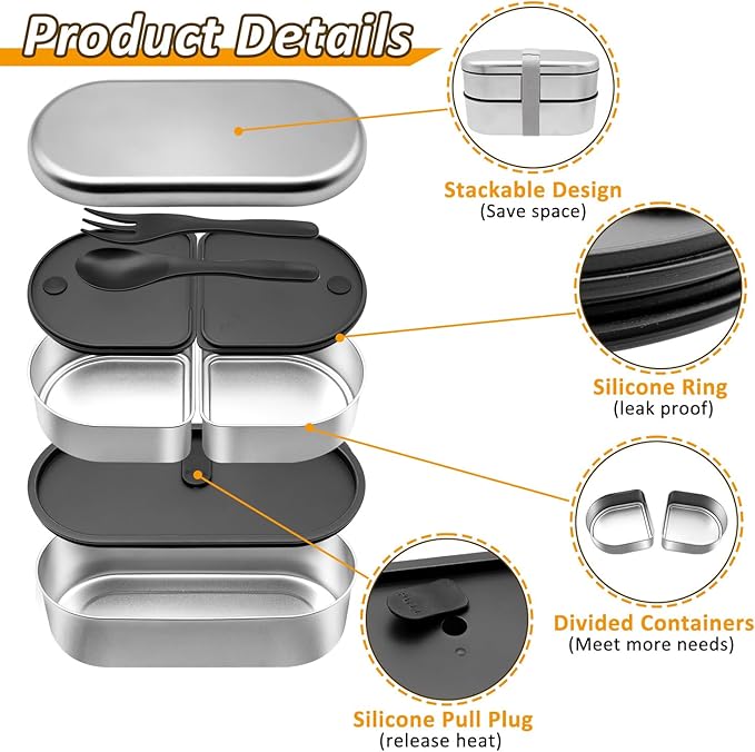 Stainless Steel Bento Box, Stackable & Leakproof Lunch Box, 3 Compartment Food Storage Containers，Microwave/Dishwasher Safe Bento Lunch Box for Work/Travel