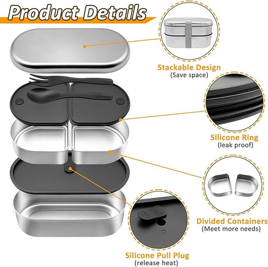 Stainless Steel Bento Box, Stackable & Leakproof Lunch Box, 3 Compartment Food Storage Containers，Microwave/Dishwasher Safe Bento Lunch Box for Work/Travel