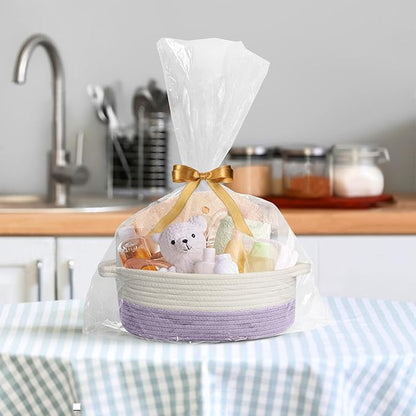 Woven Cotton Rope Gift Basket, Small Baskets for Gifts Empty, Cute Baby Nursery Basket, Pet Toy Storage Bin for Dog Cat, Decorative Wicker Home Organizer with Handles, 12"x 8"x 5", Purple