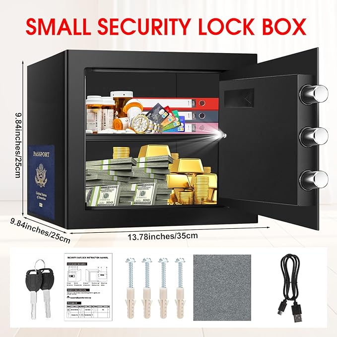 1.3 Cuft Small Safes for Home Use Fire and Water Proof, Anti-theft Fireproof Lock Box with Electronic Keypad, Alarm System and Removable Shelf, Fire Proof Safe for Home Documents, Valuables