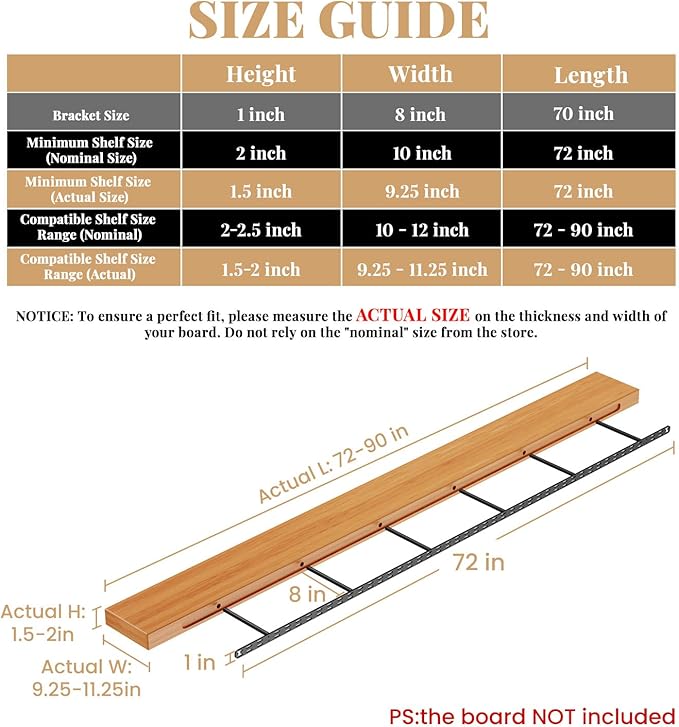 2pcs Floating Shelf Bracket Heavy Duty,Decorative Floating Shelf Hardware Hidden Black Metal Fireplace Mantel Brackets (70"X8"X1.0" Installation Tools)