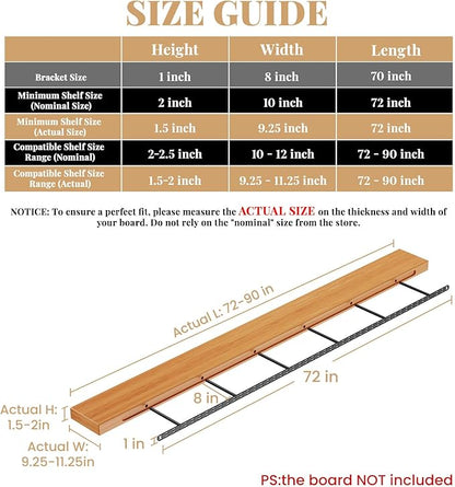2pcs Floating Shelf Bracket Heavy Duty,Decorative Floating Shelf Hardware Hidden Black Metal Fireplace Mantel Brackets (70"X8"X1.0" Installation Tools)