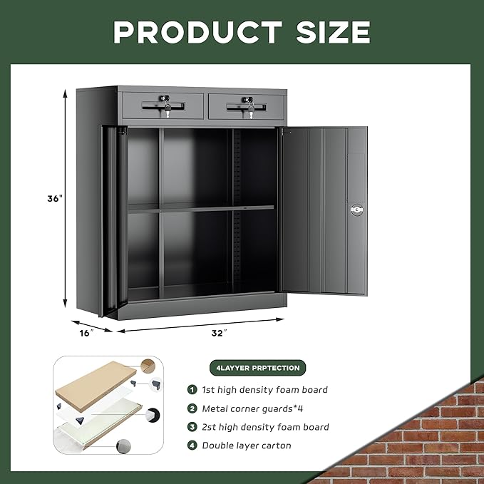 Greenvelly Metal Storage Cabinet, 36" H Lockable Storage Cabinet with 2 Drawers and Adjustable Shelf, Locked Metal Cabinets for Office, Garage, Home (Black)