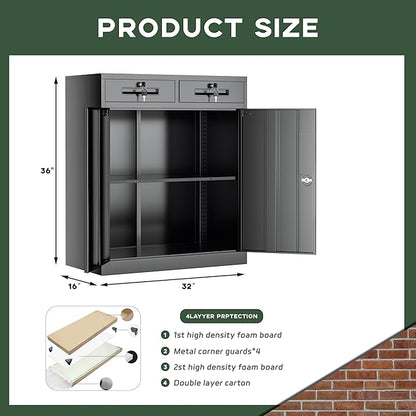 Greenvelly Metal Storage Cabinet, 36" H Lockable Storage Cabinet with 2 Drawers and Adjustable Shelf, Locked Metal Cabinets for Office, Garage, Home (Black)