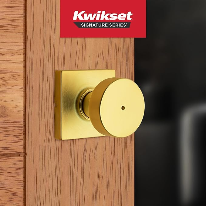Kwikset Pismo Interior Privacy Door Knob with Lock, Door Handle for Bathroom and Bedroom, Satin Brass, Square, Keyless Turn Lock Doorknob, Microban Protection (Pack of 4)