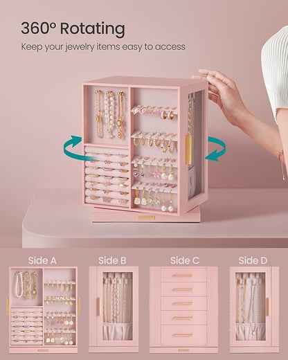 SONGMICS Jewelry Box 360° Rotating, Jewelry Storage Case with 5 Drawers, Jewelry Organizer, Glass Window, Spacious, Vertical Jewelry Storage, Open Design, Great Gift, Jelly Pink UJBC170R01