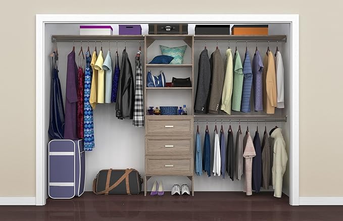 ClosetMaid SuiteSymphony Wood Closet Organizer Kit with Tower, 3 Hang Rods, Top Shelves, 3 Drawers, Adjustable, Fits Spaces 6-10 ft. Wide, Natural Gray
