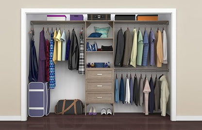 ClosetMaid SuiteSymphony Wood Closet Organizer Kit with Tower, 3 Hang Rods, Top Shelves, 3 Drawers, Adjustable, Fits Spaces 6-10 ft. Wide, Natural Gray