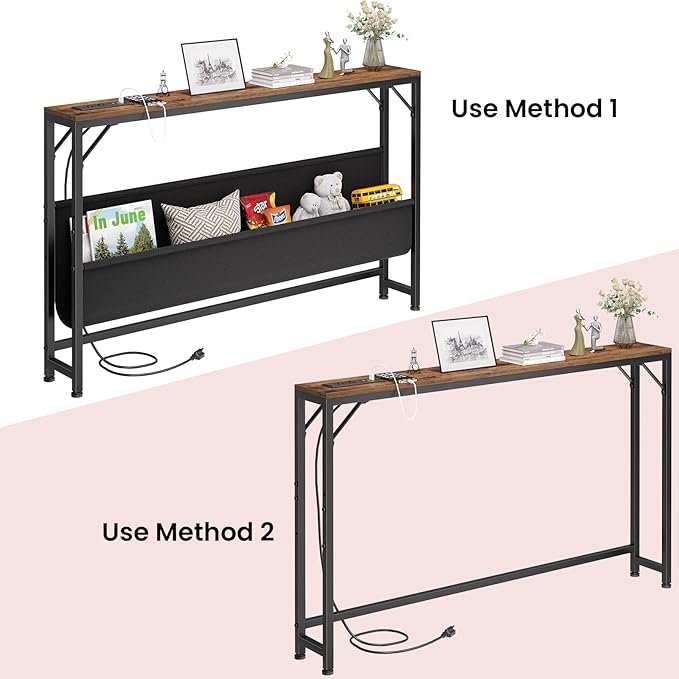 47.2'' Skinny Console Table with Power Outlet, 5.91" Behind Couch Table with Charging Station, Long Sofa Table, Narrow Entryway Table for Living Room, Foyer, Hallway, Rustic Brown