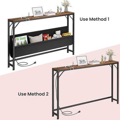 47.2'' Skinny Console Table with Power Outlet, 5.91" Behind Couch Table with Charging Station, Long Sofa Table, Narrow Entryway Table for Living Room, Foyer, Hallway, Rustic Brown