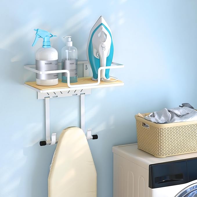 efluky Ironing Board Hanger Wall Mount, Ironing Board Holder Organizer for T-Leg & Y-Leg Ironing Boards, Space Saving Laundry Storage Rack, Black
