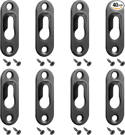 Hotop 40 Pieces Single Keyhole Picture Frame Hanger with 80 Pieces Screws Metal Keyhole Hanging Fasteners Brackets for Mirror Frame Cabinet, 43 x 16 mm(Black)