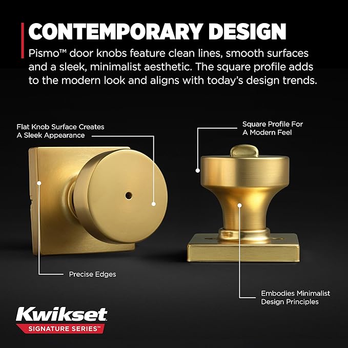 Kwikset Pismo Interior Privacy Door Knob with Lock, Door Handle for Bathroom and Bedroom, Satin Brass, Square, Keyless Turn Lock Doorknob, Microban Protection (Pack of 4)