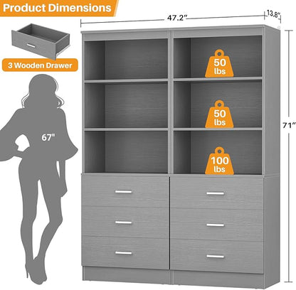 Aheaplus 47.2" Closet Drawers System, 3.94FT Wood Closet Organizer System with 3 Drawers, Modular Small Walk-in Closets Storage Unit, Set of 2, Grey (47.2" L x 13.8" W x 71" H)