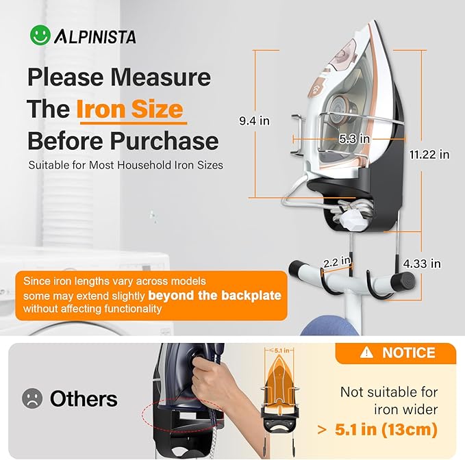 Alpinista Ironing Board Hanger Wall Mount Ironing Board Holder Wall Mount for Laundry Rooms Storage Organizer, Black